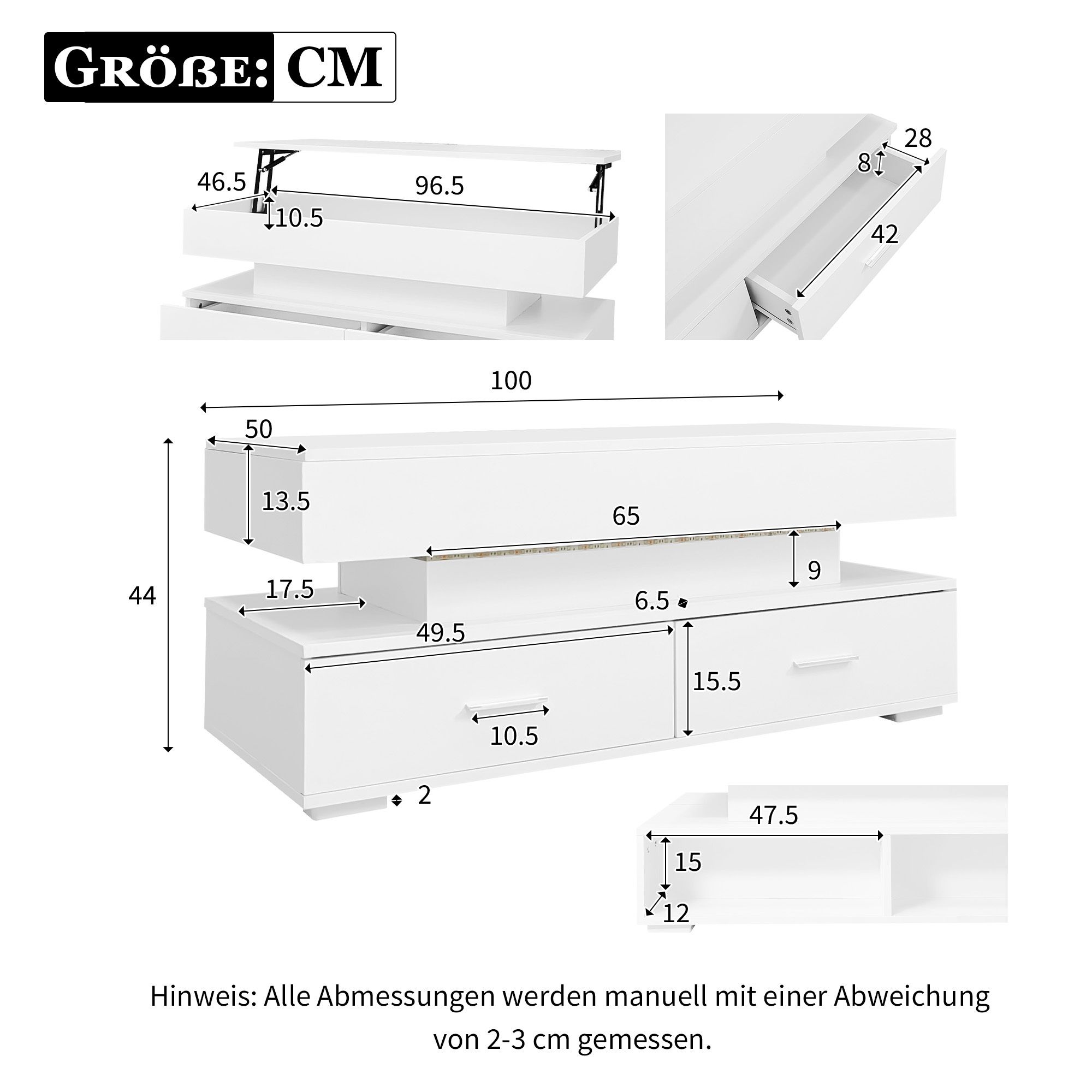 Merax Couchtisch mit LED und Schubladen, Kaffeetisch mit APP Steurung, Beistelltisch mit ausziehbarer Tischplatte, Wohnzimmertisch 100x50x44cm, Weiß