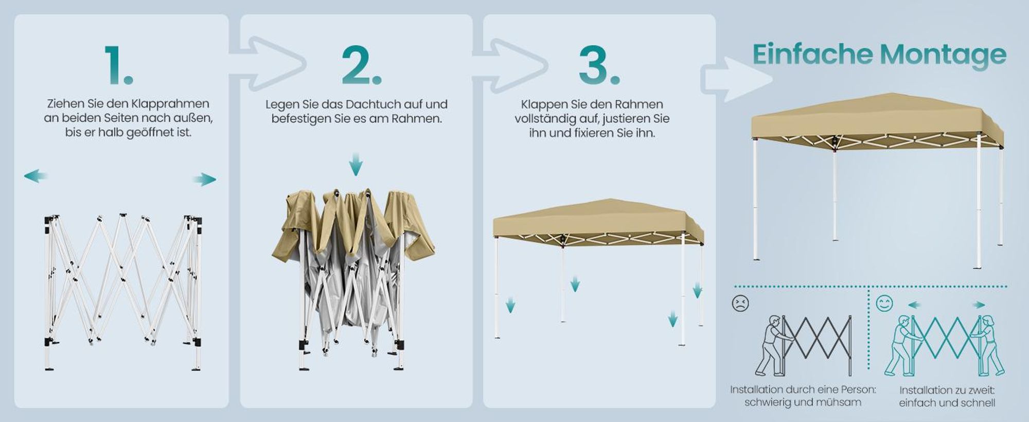 SONGMICS Faltzelt 3 x 3 m, stabil, tragbar, Pavillon für Garten, Hof, Markt, Sonnenschutz, beige