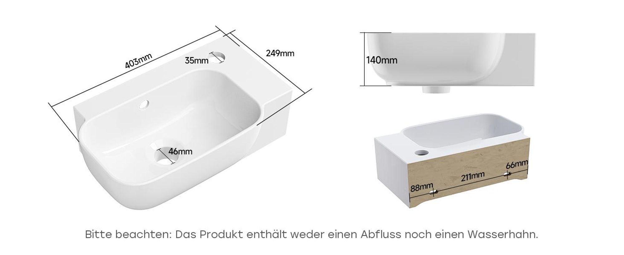 HOROW Hänge Waschbecken Aufsatzwaschbecken Wandmontage Handwaschbecken Waschschale mit Hahnloch und Überlauf