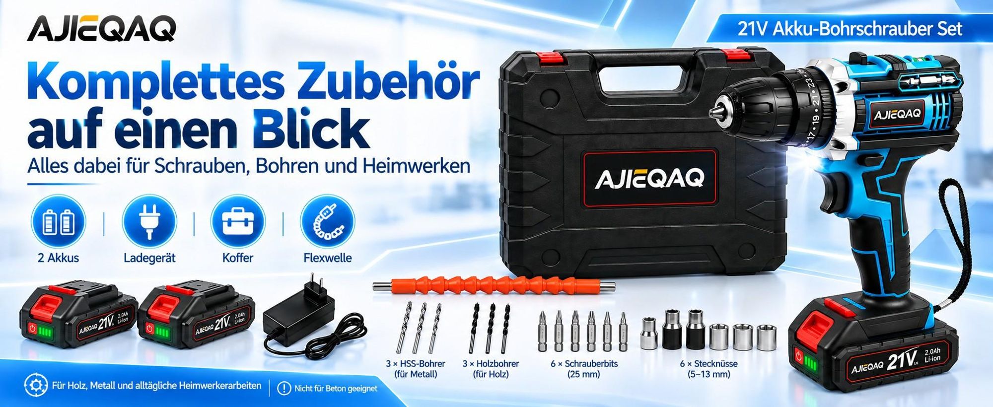 AJIEQAQ Akkuschrauber 21V MAX, 45Nm, 18+1, 2-Gang, 2×2,0Ah Akku, LED, Wasserwaage & Werkzeugkoffer