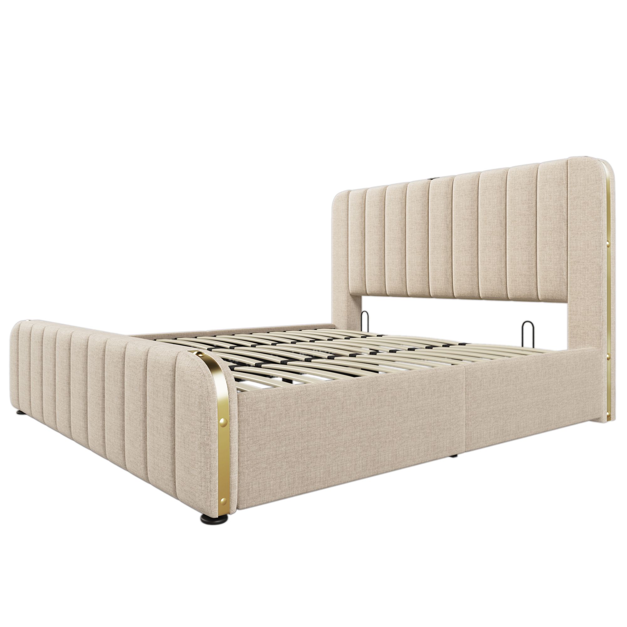 Flieks Polsterbett 180x200cm mit Ladefunktion (USB, Typ-C), Doppelbett Stauraumbett mit Lattenrost, Hydraulisches Jugendbett Boxspringbett, Leinen