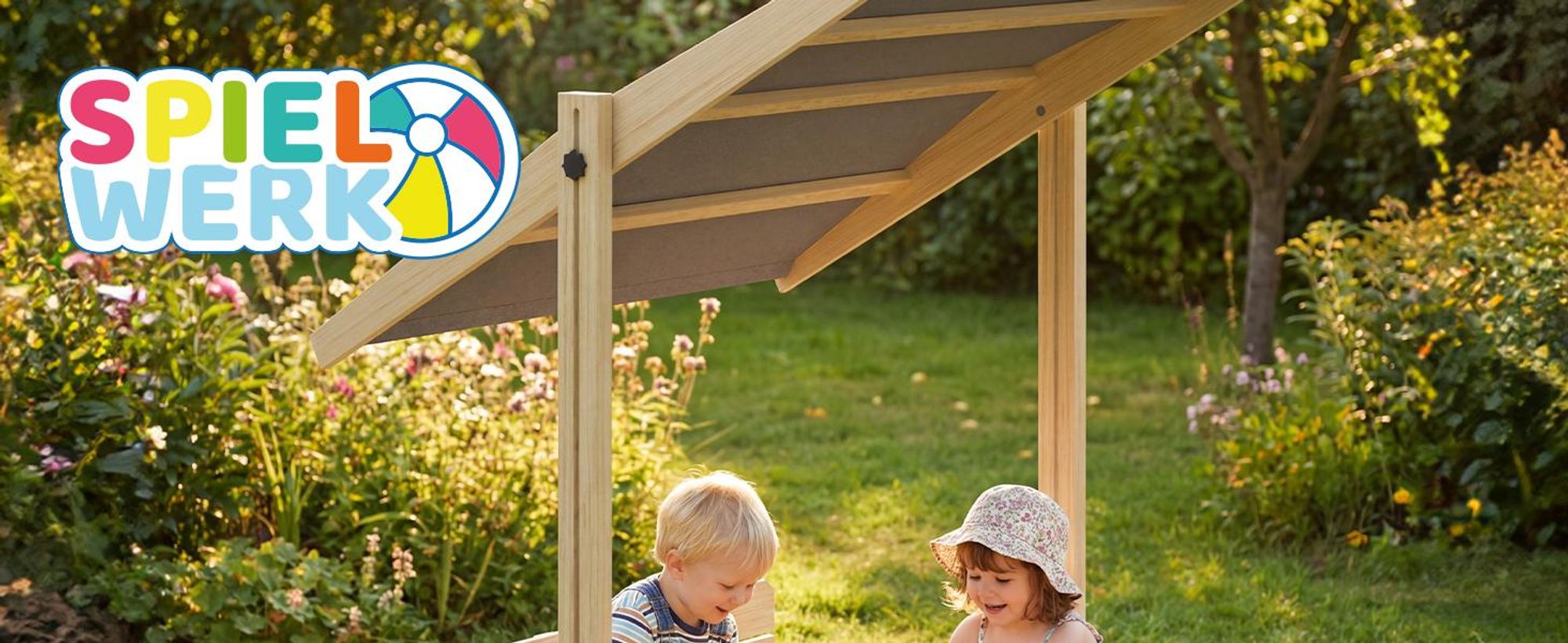 SPIELWERK® Sandkasten Toni Sonnendach Sitzbank 120x120x120cm Naturholz Fichtenholz UV-Schutz Sandbox UV50+ Kantenschutz Bodenvlies Outdoor Kinder