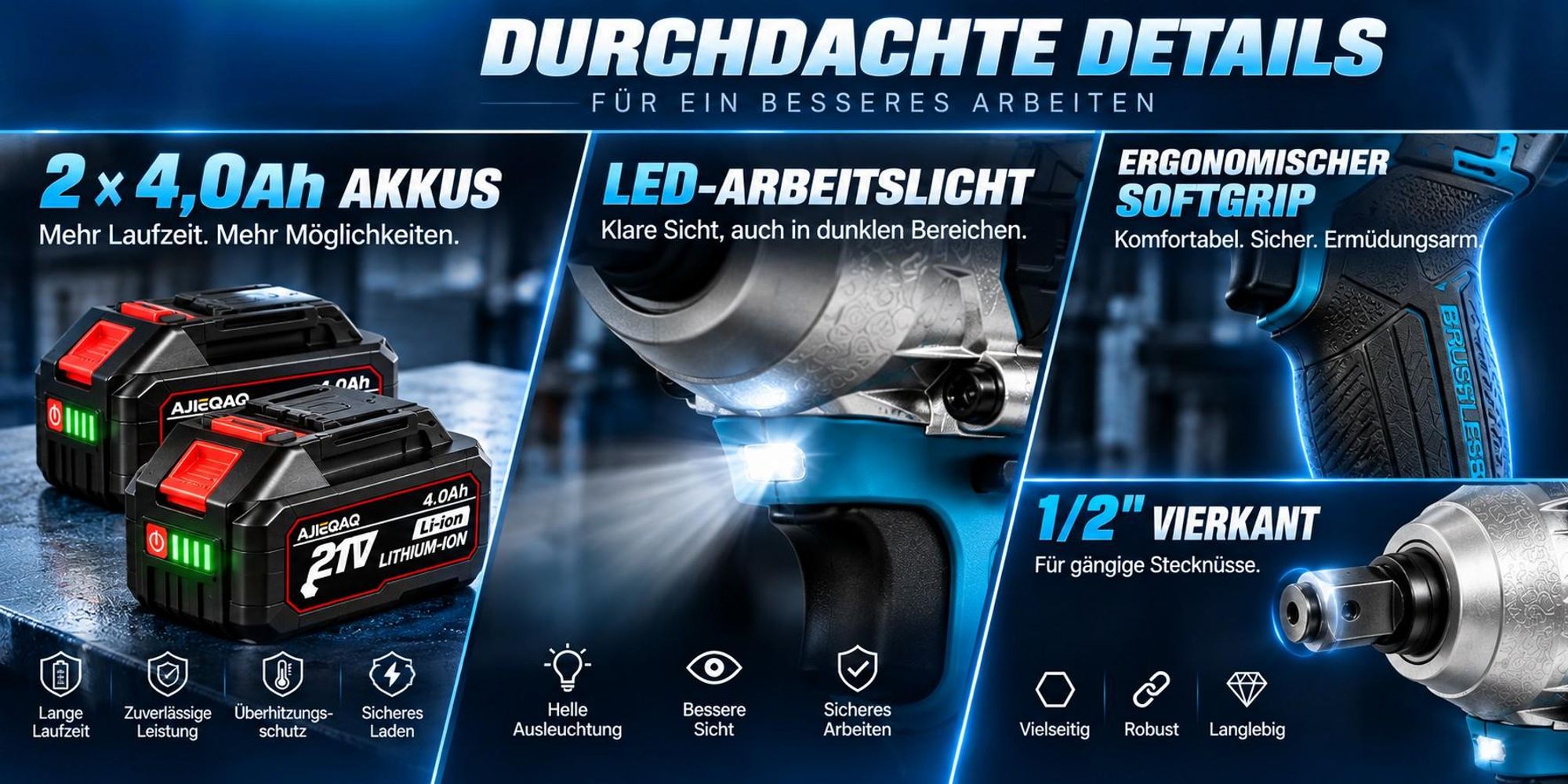 AJIEQAQ 21V Akku Schlagschrauber & Schlagbohrmaschine Brushless, 550Nm Max. Drehmoment, 2×4,0Ah Akku, 1/2 Zoll, 3-Gang, Inkl. 6 Stecknüsse & Koffer