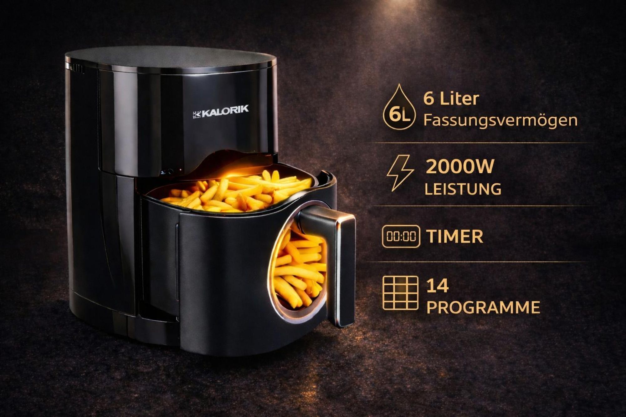 Fettfreie Fritteuse 2000W 2 Heizungen 6L Heissluftfritteuse Trocknungsfunktion Kalorik Sichtfenster Air Fryer