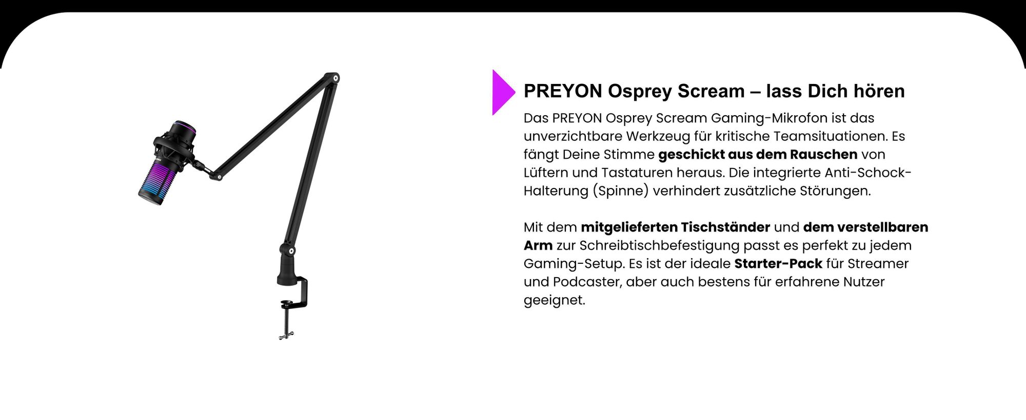 PREYON Osprey Scream Mikrofon RGB, Nierencharakteristik, Aluminiumgehäuse, Stummschalttaste, Lautstärkeregler, Mini Jack 3,5 mm, Plug and Play