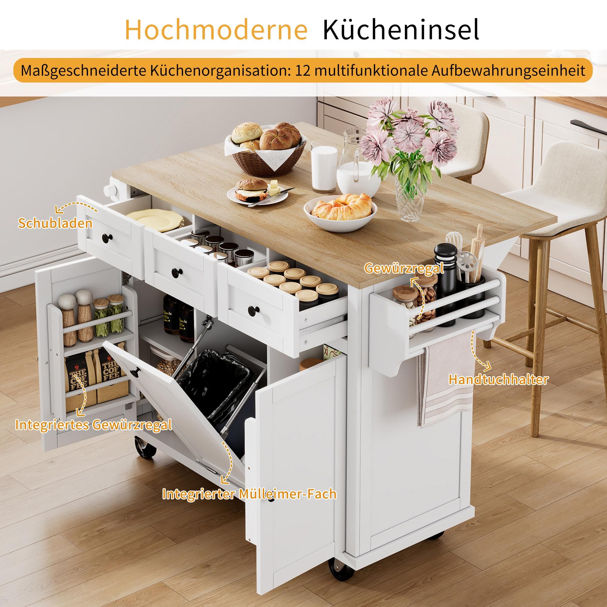 Merax Kücheninsel Servierwagen mit Erweiterbarer Arbeitsplatte, Schubladen und Tür, Küchenwagen auf Rollen, Mobil Küchenschrank, Weiß