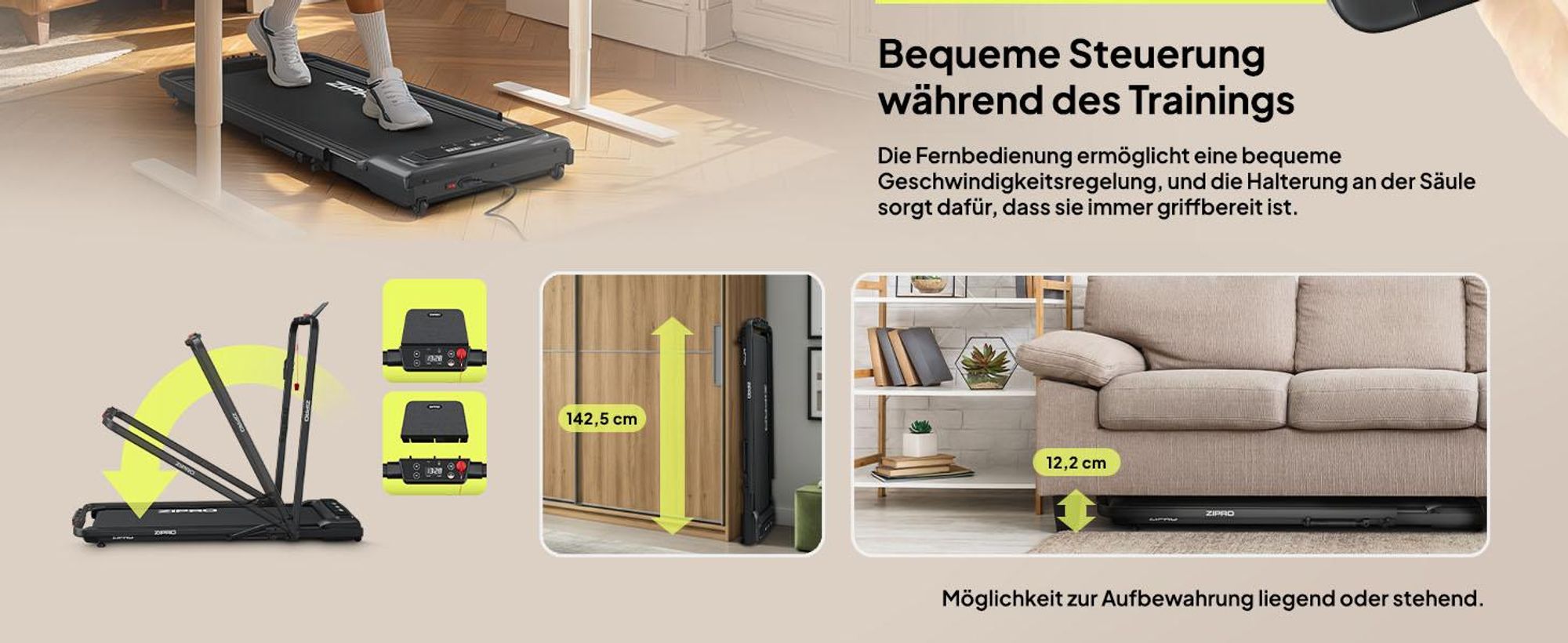 ZIPRO Newlite Laufband Klappbar - Walking Pad Untertisch Schreibtisch Laufband für Zuhause bis 10 km/h Fitnessgerät Bluetooth Fernbedienung