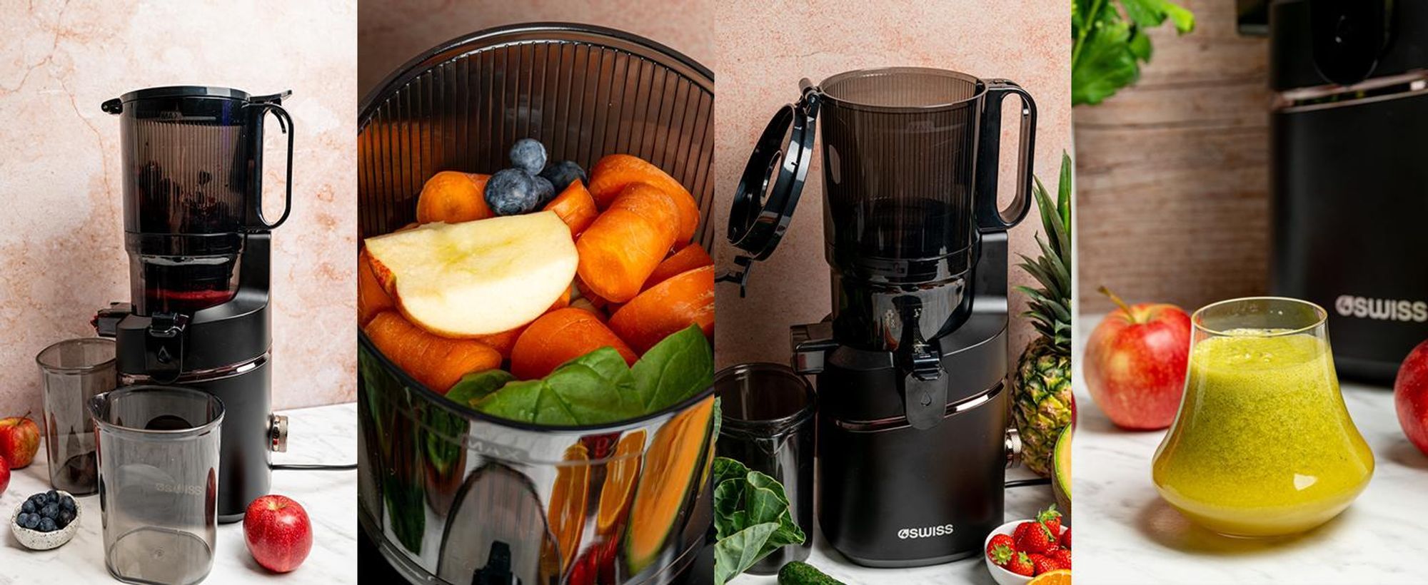 4Swiss WB025 Slow Juicer Entsafter - Kaltentsafter Saftpresse Elektrisch 13 cm XXL Einfüllschacht BPA-frei Leise Obst Gemüse Saftmaschine