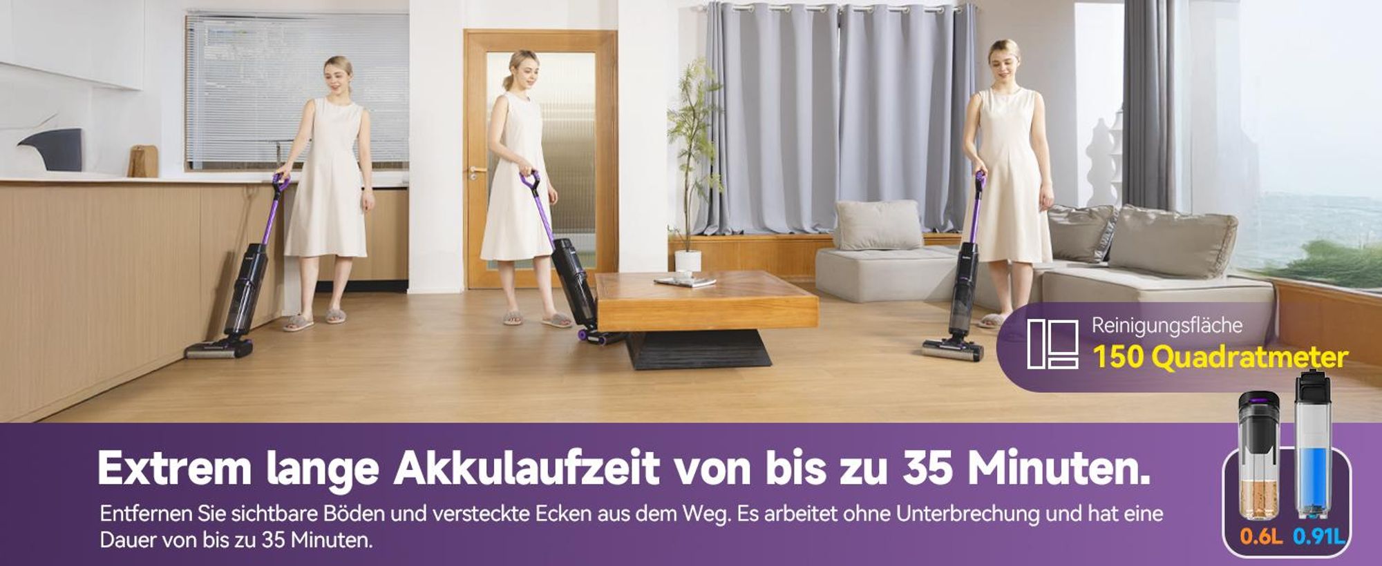 Redkey W15 Nass und Trockensauger, Selbstreinigender Mopp-Staubsauger, Kantenreinigung 6 mm mit doppelter Wassertankunterstützung 910ML, Standard