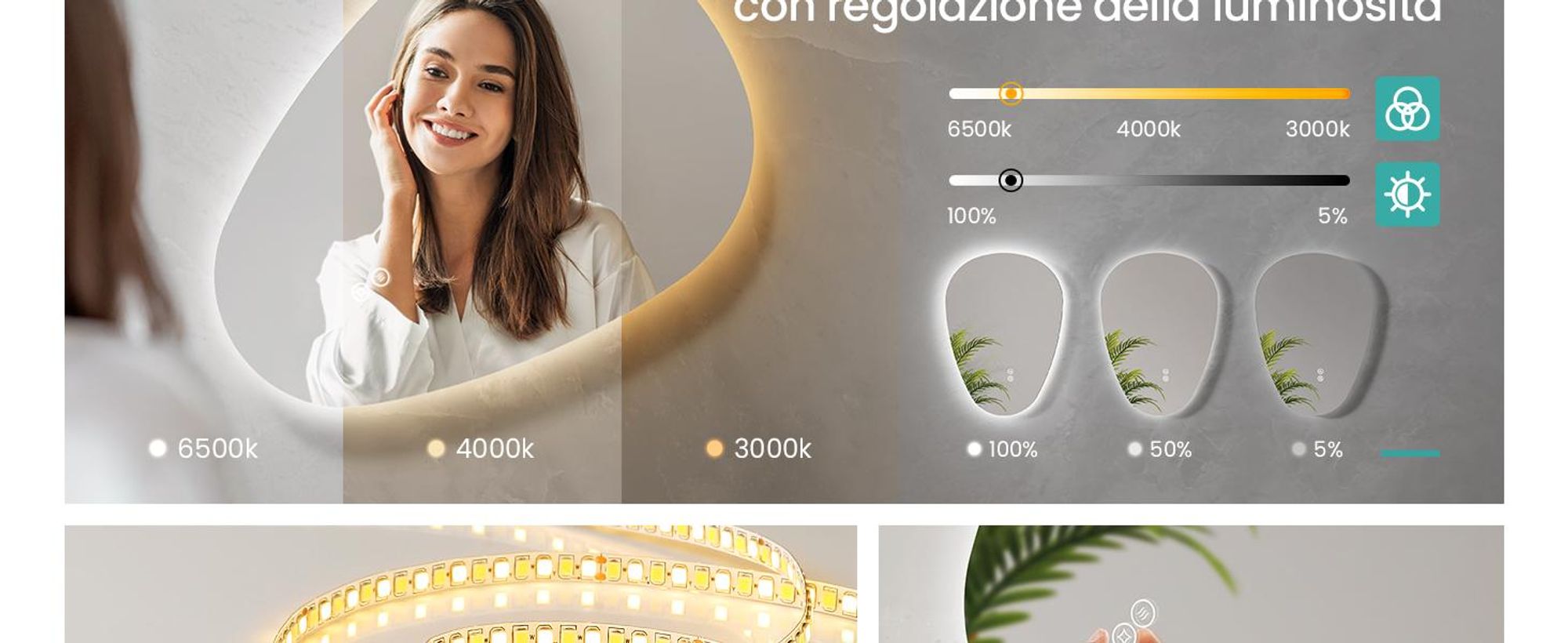 EMKE Specchio da bagno con illuminazione 60 x 45 cm Specchio da bagno asimmetrico, specchio da bagno con 3 colori di luce Dimmerabile, antiappannamento, interruttore a sfioramento