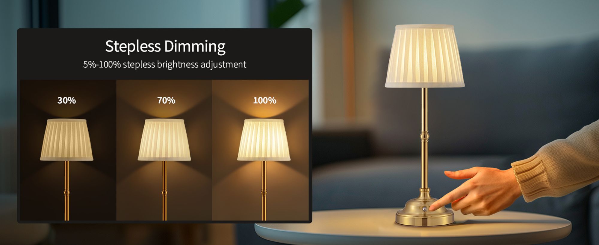 2erTragbare kabellose Schreibtischlampe, 5000 mAh, USB-Aufladung, stufenlose LED-Dimmung, Nachttischlampe, geeignet Schlafzimmer, Wohnzimmer,Esszimmer