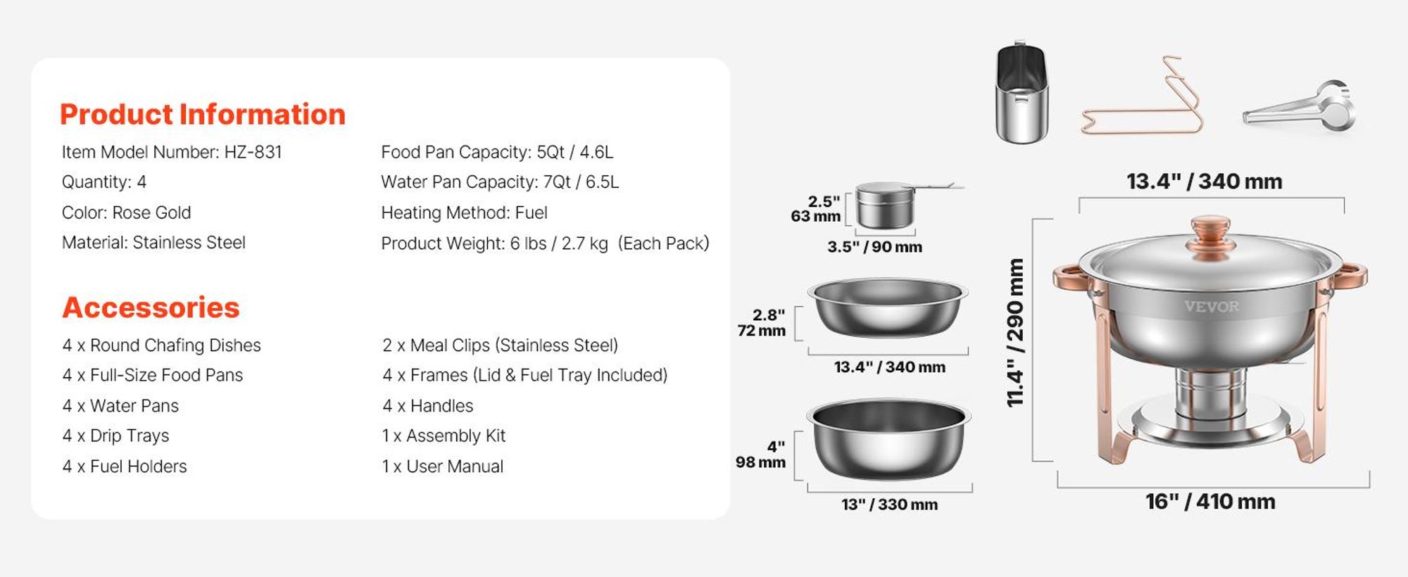 VEVOR Warmhalteteller Buffet Set, 5 Qt 4er Pack, Edelstahl Chafing Dish mit 4 Vollformat-Pfannen, runder Catering-Wärmer mit Deckel, Wasserpfanne, klappbarer Ständer und Clip, für Hochzeiten, Partys, Bankette, Silber, Roségold-4 Stück