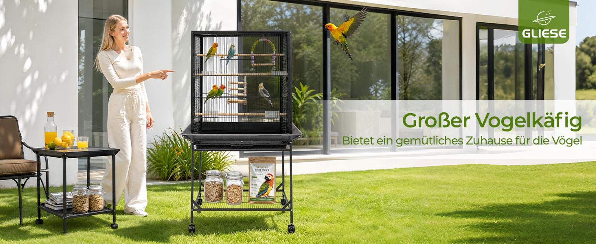 Vogelkäfig Nagerkäfig mit Rollen, Voliere Vogelhaus mit 4 Sitzstangen, 4 Futternäpfen & 1 Schaukel , Schwarz