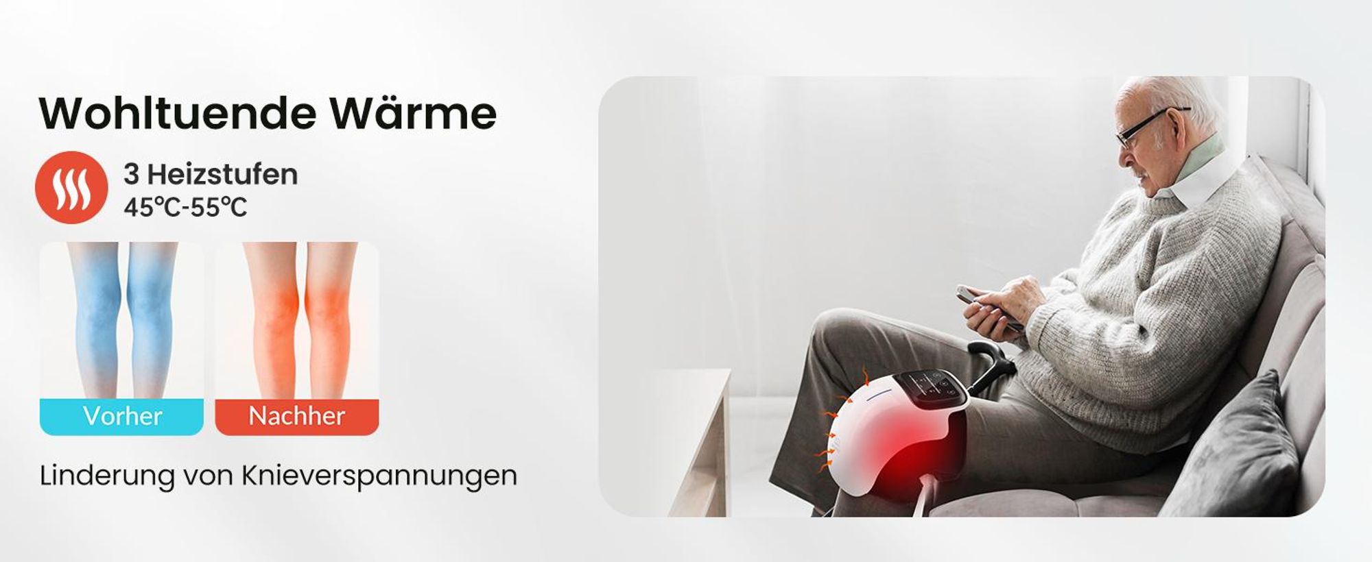 Tragbares Knie-Massagegerät mit Wärme & Vibration, Elektrisches Massagegerät für Knie, Entspannung & Durchblutung, 3 Heizmodi, 10W, 244x156x158mm