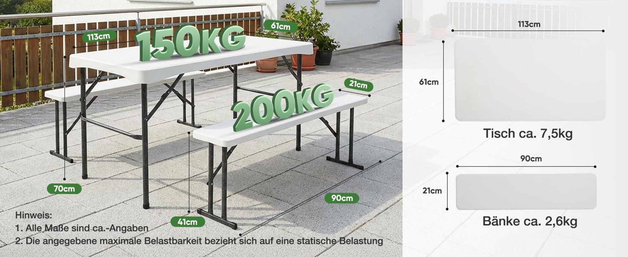 Sekey Bierzeltgarnitur Klappbar 3-teilig 110cm Tisch+2xBänke Festzeltgarnitur, Weiß