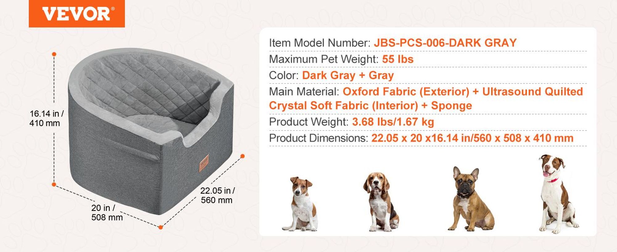 VEVOR Hundeautositz, wasserdichter Hundesitzerhöhung Aufbewahrungstasche, ansteckbarer Sicherheitsleine und Schwammfüllung, Hundeautobett für kleine und mittelgroße Hunde bis 25 kg, grau