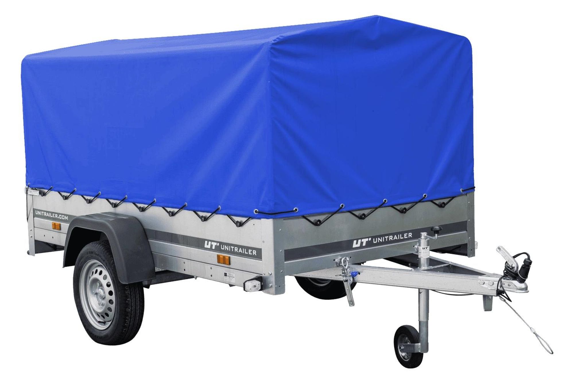 Einachsanhänger mit Blattfedern 230x125 UNITRAILER GARDEN 230/R KIPP mit H-800-Rahmen und blauer Plane