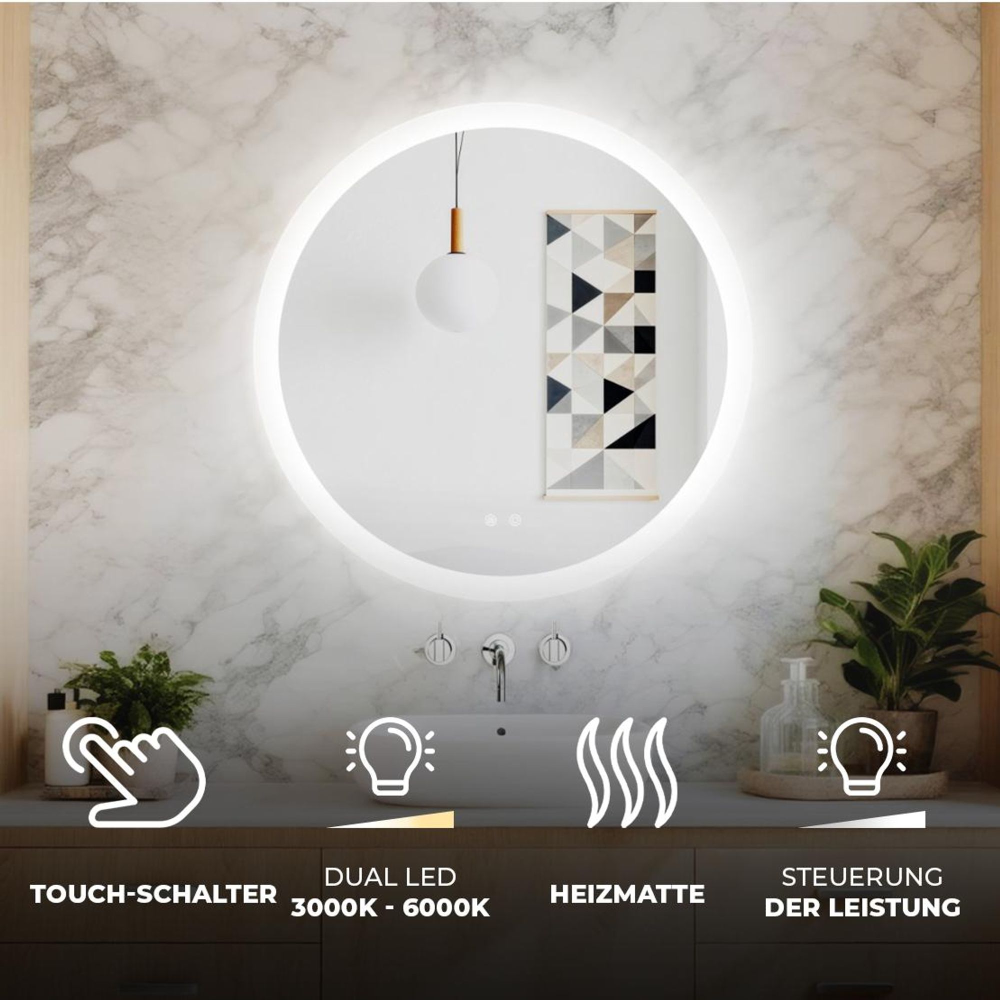 Artforma Badspiegel mit Beleuchtung, Spiegel 80x80 Touch, Dual LED, Heizmatte