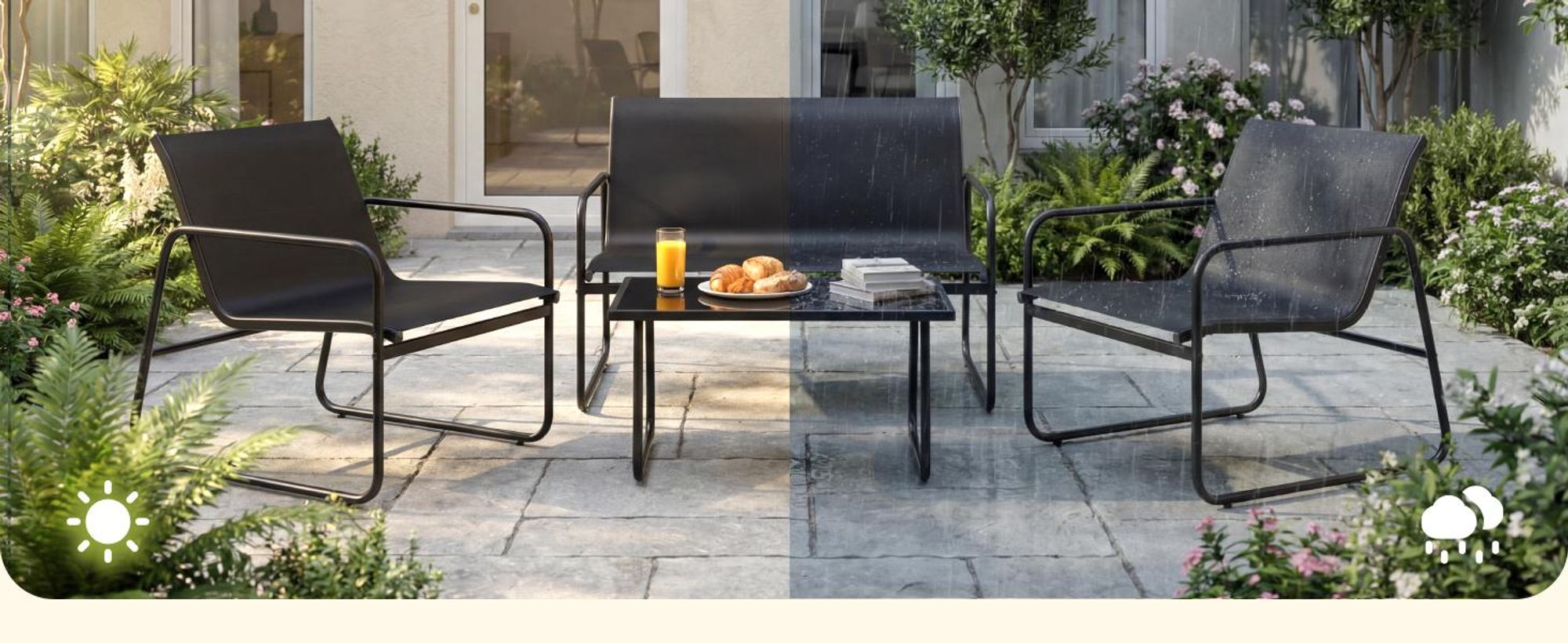 Mondeer Gartenmöbel-Set 4-teilig Sitzgruppe mit atmungsaktivem Mesh-Gewebe, Ergonomischen Armlehnen und Stabilem Stahlrahmen Balkon Terrasse Schwarz