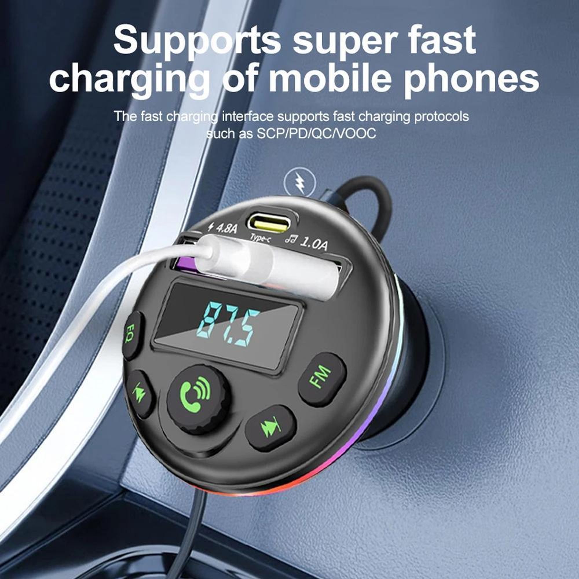 Auto-Bluetooth 5.0 FM-Transmitter MP3-Modulator-Player Freisprech-Audioempfänger mit 3-in-1-Ladekabel für iPhone, Huawei und Xiaomi