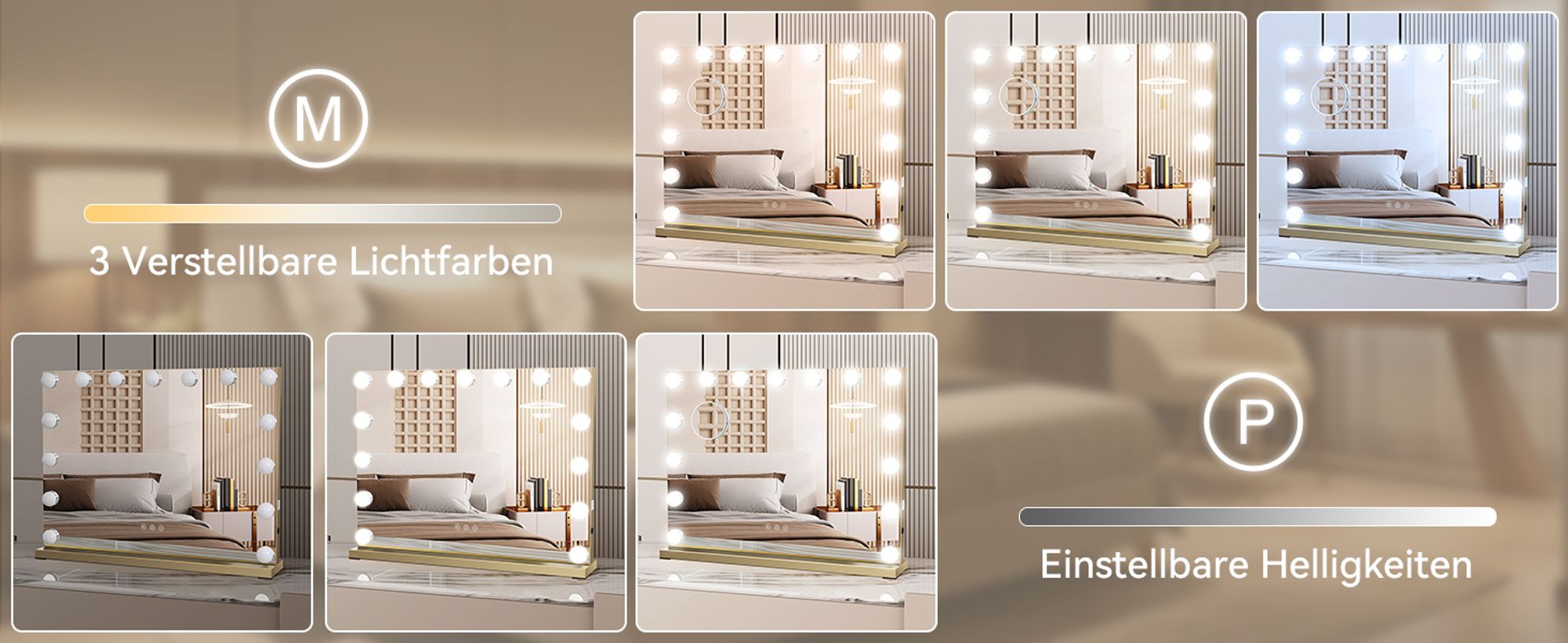 Puluomis Kosmetikspiegel Hollywood 58x45cm Schminkspiegel mit Beleuchtung, 15 LED 3 Farben Dimmbar mit USB,10x Vergrößen, Spiegel Wandspiegel golden