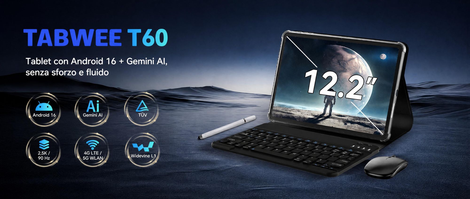 Tablet Android T60, display da 12,2" con risoluzione 2,5K, 48 GB di RAM + 256 GB di ROM + espandibile fino a 2 TB tramite scheda TF, processore Octa-Core, batteria da 10.000 mAh e tecnologia AI Gemini