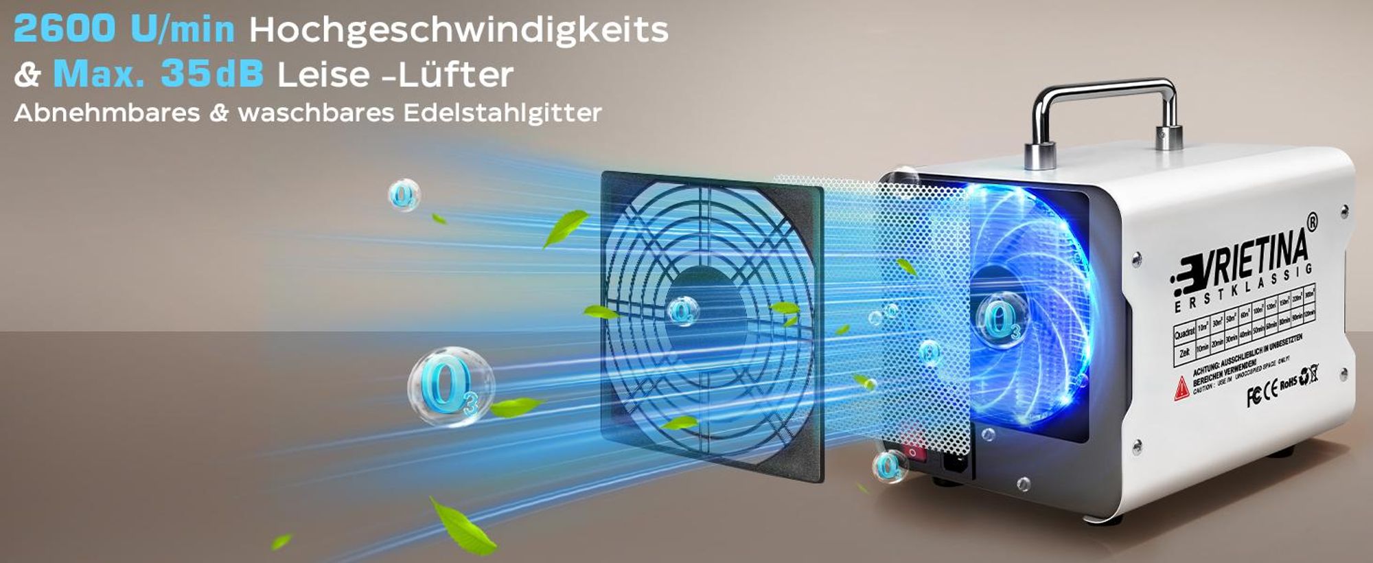65000mg/h Ozongenerator mit Touchscreen, Luftreiniger & Ozonisator Luftstrom 300 m3/h mit 120Min Timer 35dB/150W Für Auto, Haushalt & Gewerbe, Weiß