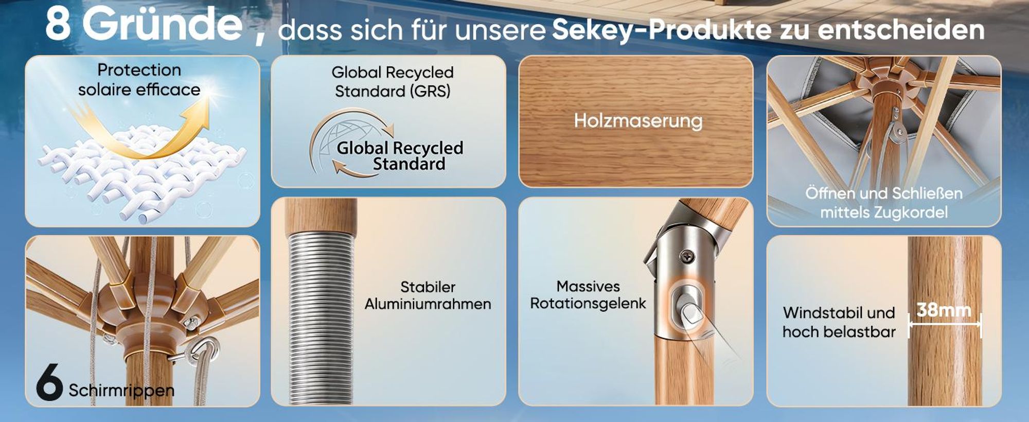 Sekey Balkonschirm 200 cm Ø Holzoptik, Knickbar, Stabiler Gartenschirm, UV-Schutz 50+, Sonnenschirm für Terrasse und Hof, Hellgrau