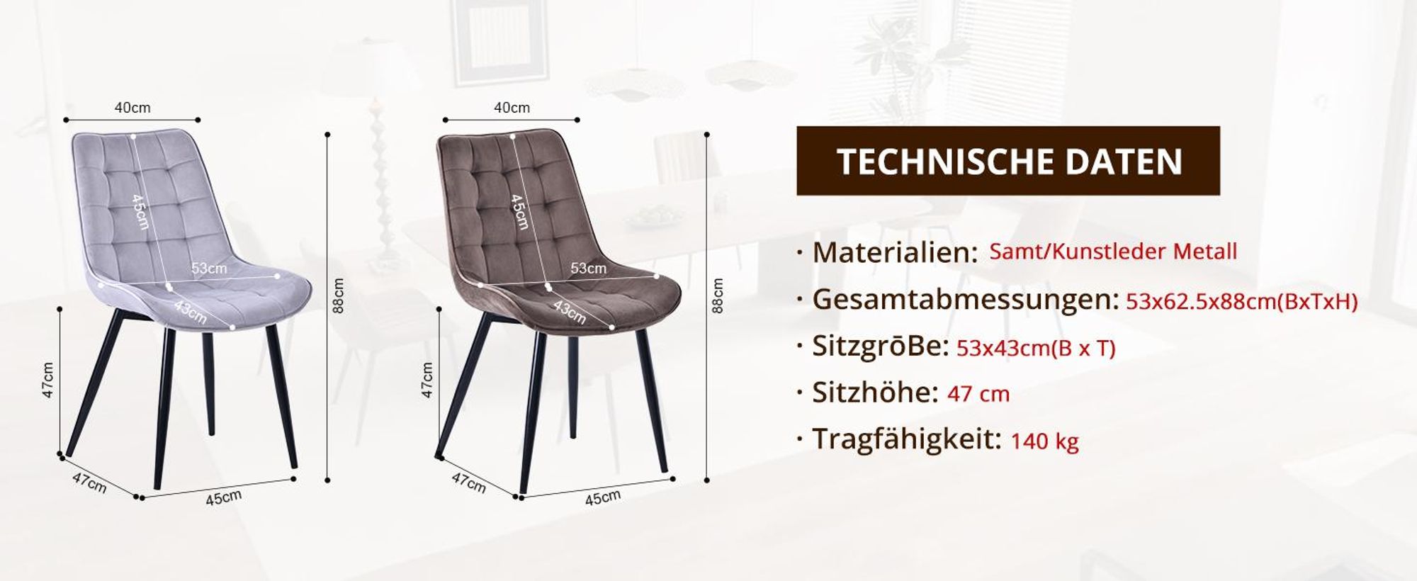 HOMAVO Esszimmerstuhl 2er-Set – Gepolsterte Stühle mit ergonomischer Rückenlehne, Metallbeinen und Samt- oder Baumwoll-Leinenbezug