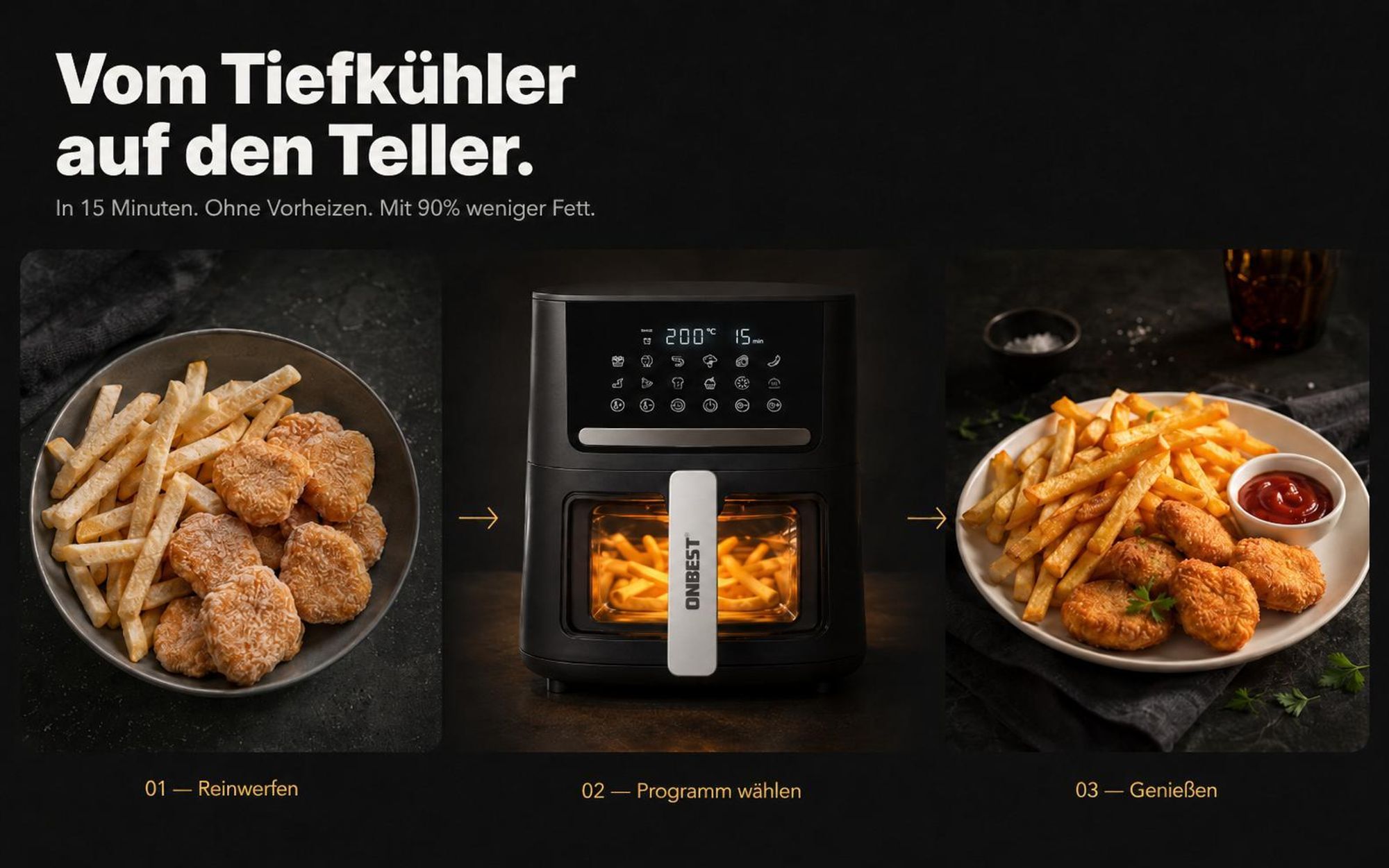 ONBEST Heißluftfritteuse Airfryer AF1665 | mit 100 Backpapier | XXL | 6,5 L | 1600 W | 12 Kochprogramme | Mit Sichtfenster