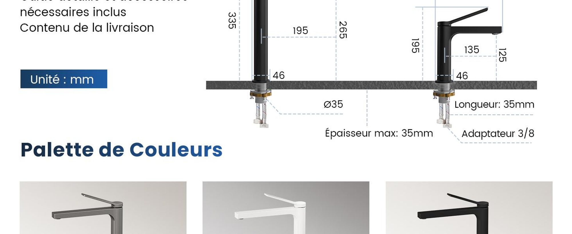 EMKE Robinet salle de bain noir mat 335x233x46mm, laiton, cartouche céramique, robinet salle de bain, mitigeur lavabo, mitigeur lavabo