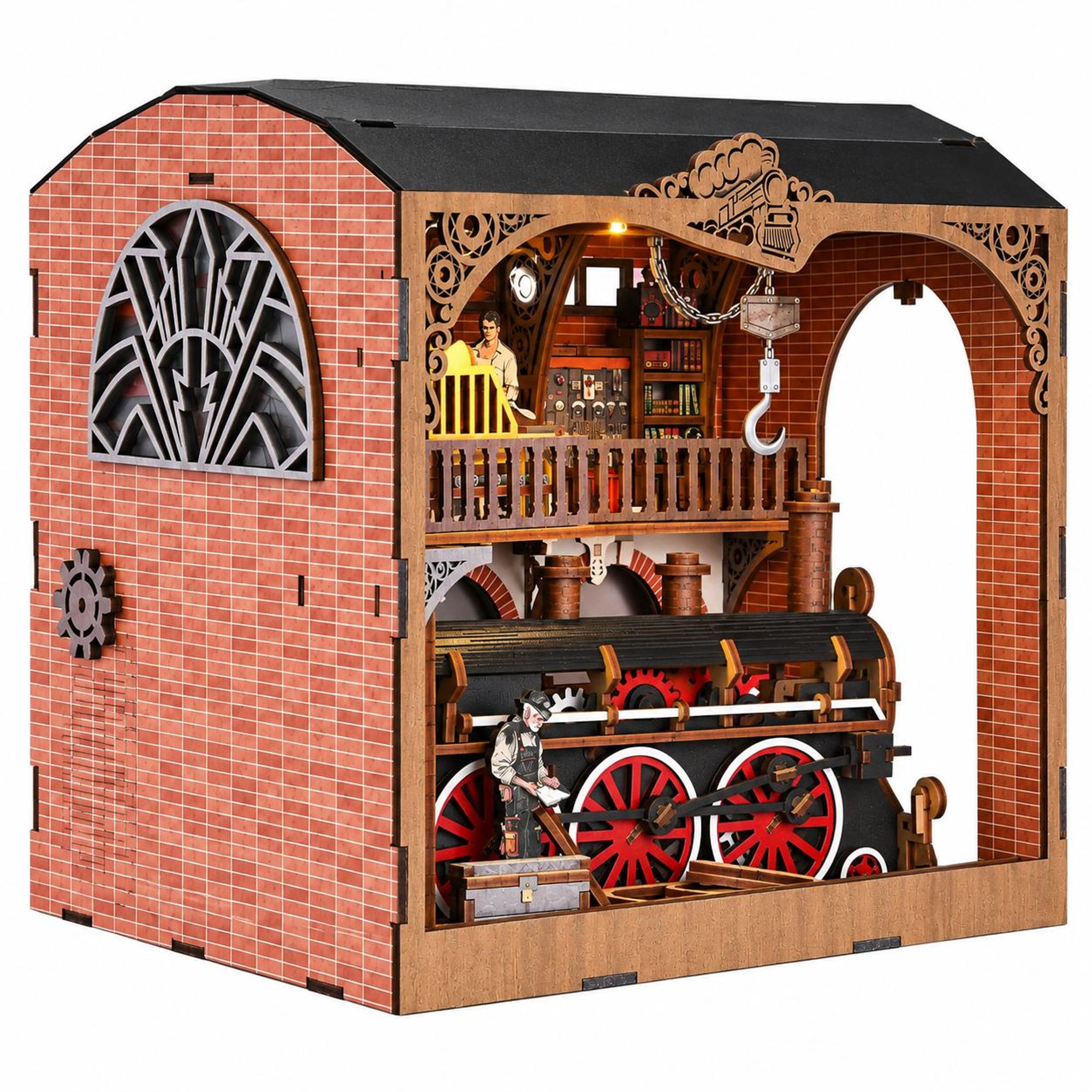 THAR Book Nook Train Repair Station Miniatur-Eisenbahnwerkstatt in Schrägansicht