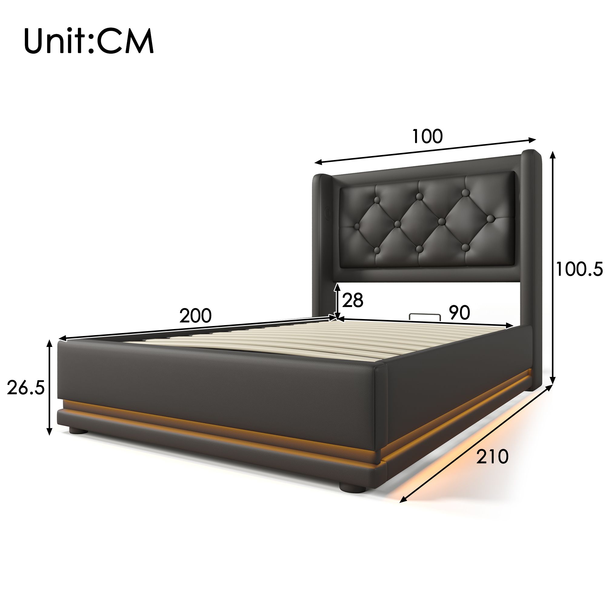 Flieks Polsterbett 90x200cm mit USB & Typ-C, Einzelbett Jugendbett mit LED, Hydraulisches Stauraumbett Boxspringbett mit Lattenrost, PU, Schwarz
