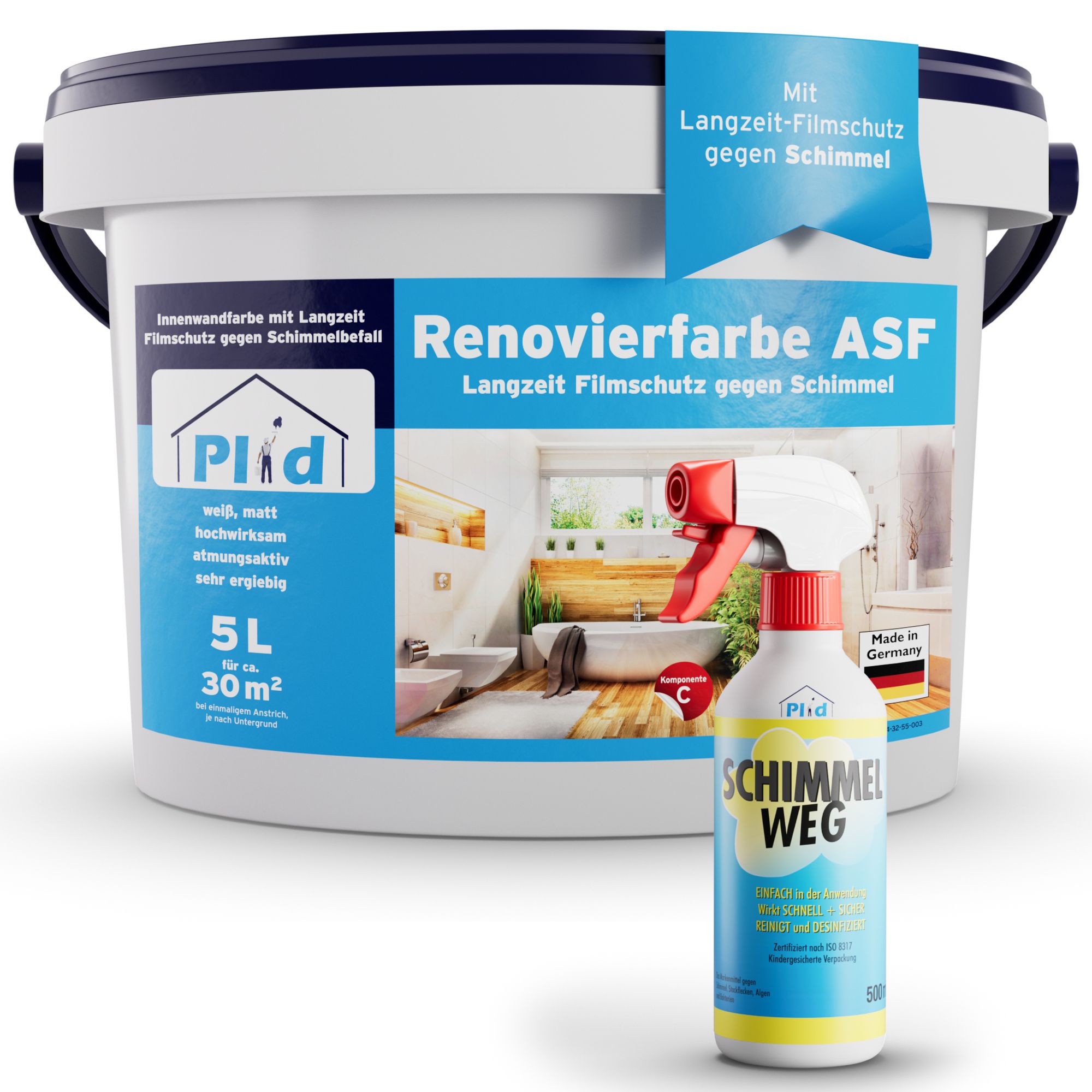 Anti Schimmel Renovierfarbe Weiß 5l inkl. Anti-Schimmelspray für ca. 30m² [DAUERHAFTER SCHIMMELSCHUTZ] - Innenfarbe für feuchte Räume, Bad & Küche