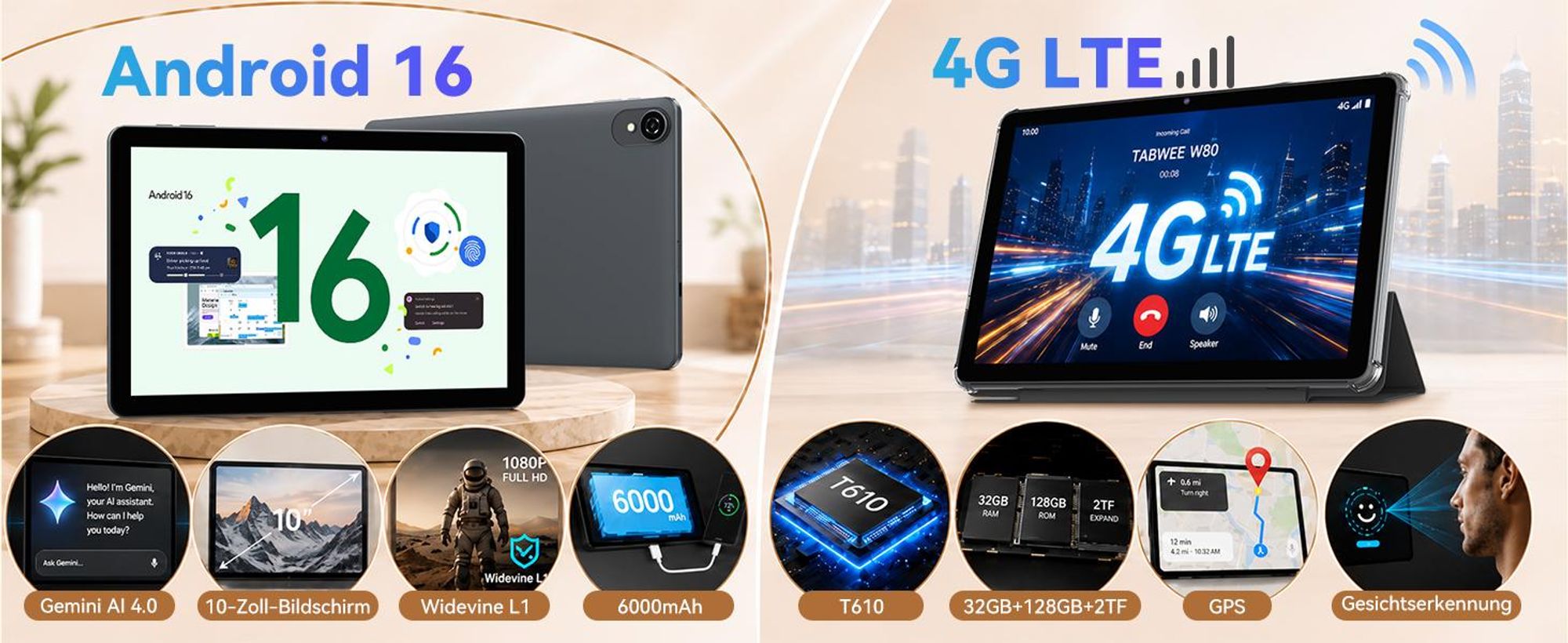 W80 10.1" 120Hz Tablet, 32+128GB/2TB, Android 16, 4G SIM+5G WIFI, Gemini AI 4.0, Widevine L1, 6000mAh, OTG, mit Tastatur/Maus/Stift/Schutzhülle Set