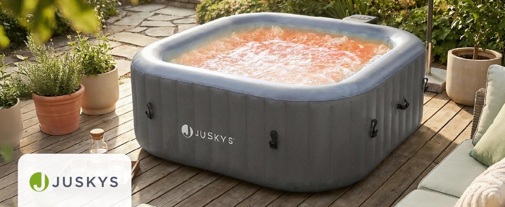 Juskys® Whirlpool SpaLuxe inkl. LED-Beleuchtung Grau/Blau - 3000W, 130 Düsen, aufblasbar