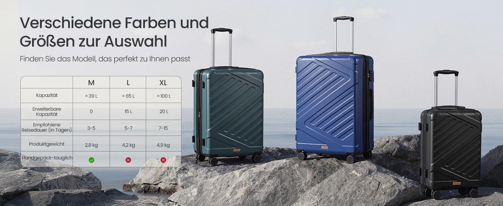 SONGMICS Koffer, Hartschalenkoffer mit TSA-Schloss und Koffergurt, Handgepäck, M, 55 cm, für Urlaub, 4 Rollen, schwarz