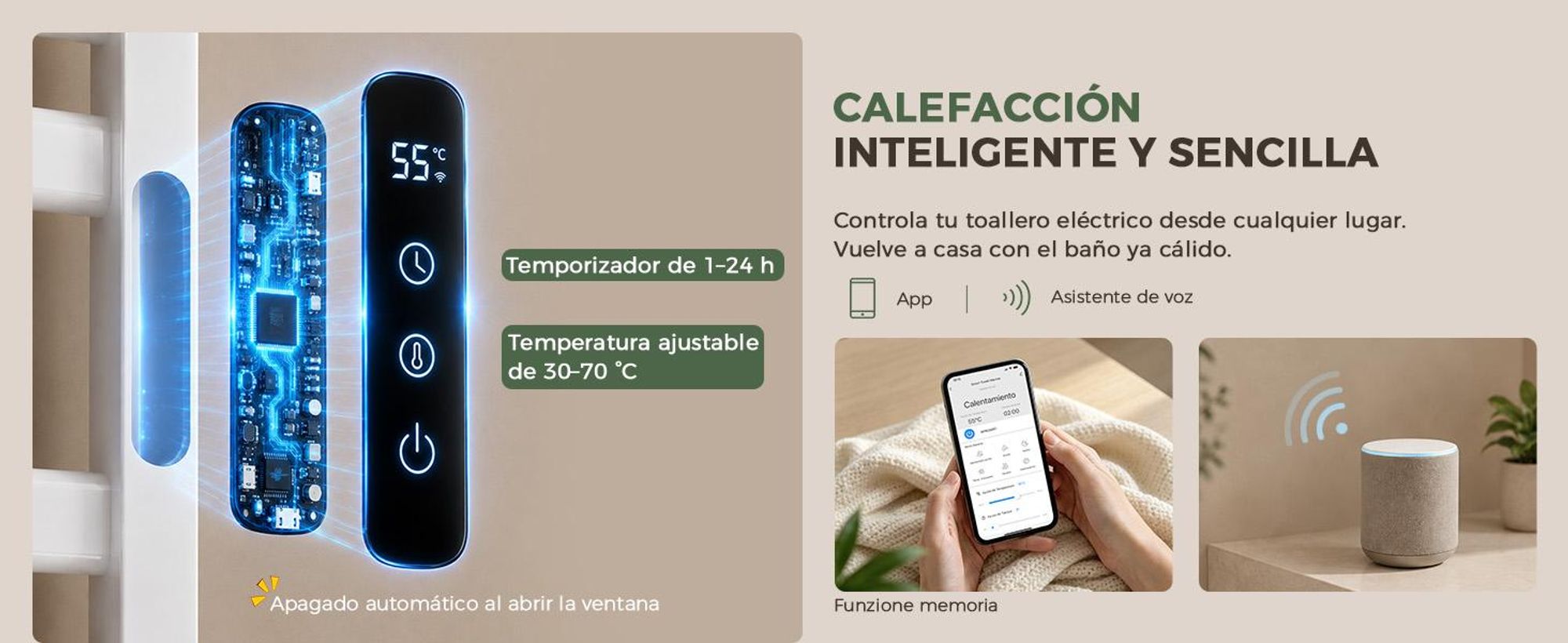 S'AFIELINA Toallero eléctrico baño con balda 700 × 600 mm 233 W Blanco,Radiador toallero eléctrico WiFi con app, calefacción de fibra de carbono