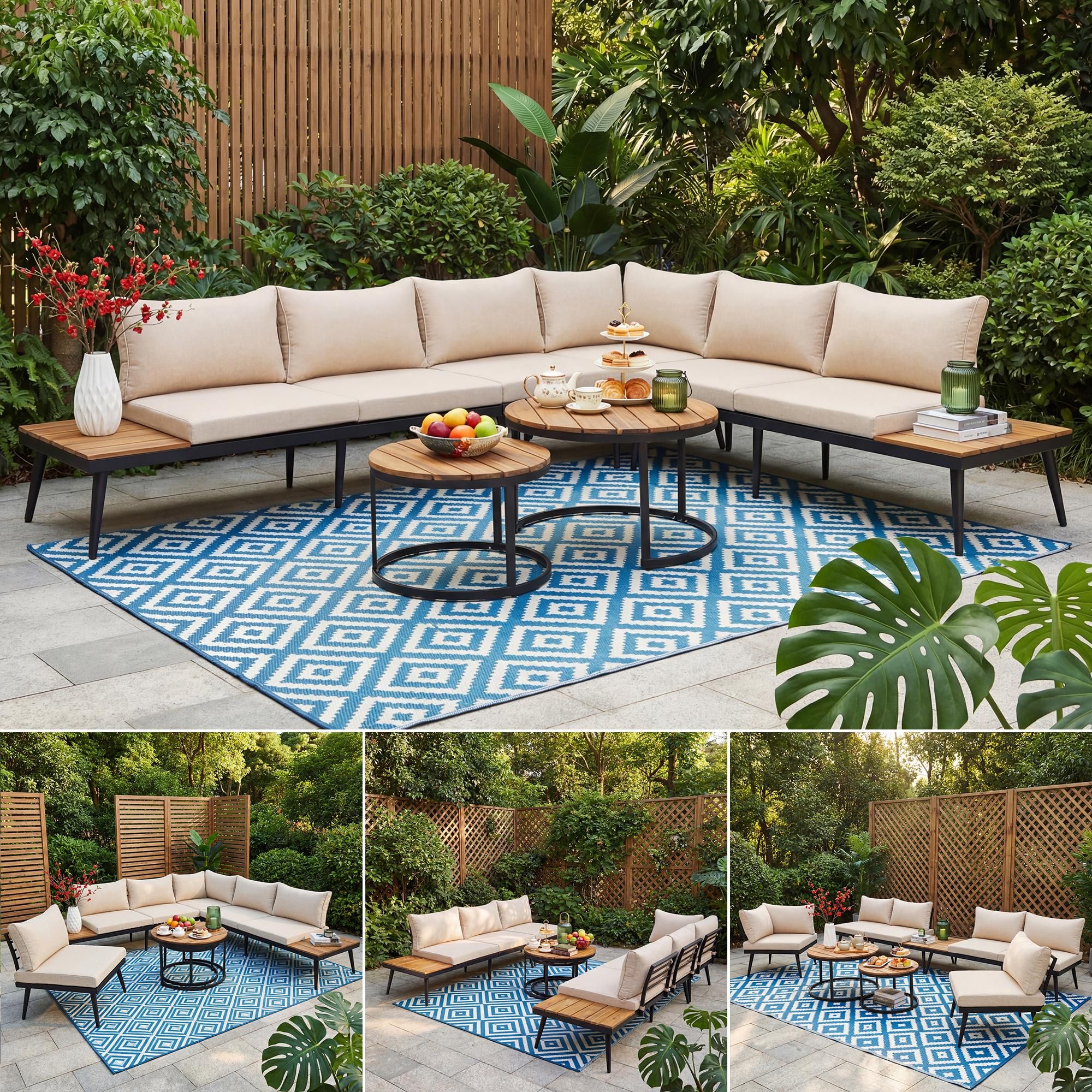 Flieks Gartenlounge Set 6-Sitzer, Balkonmöbel set Gartenmöbel Set für 6 personen, Lounge Gartenmöbel mit Tisch und Kissen, Terrassenmöbel Loungemöbel