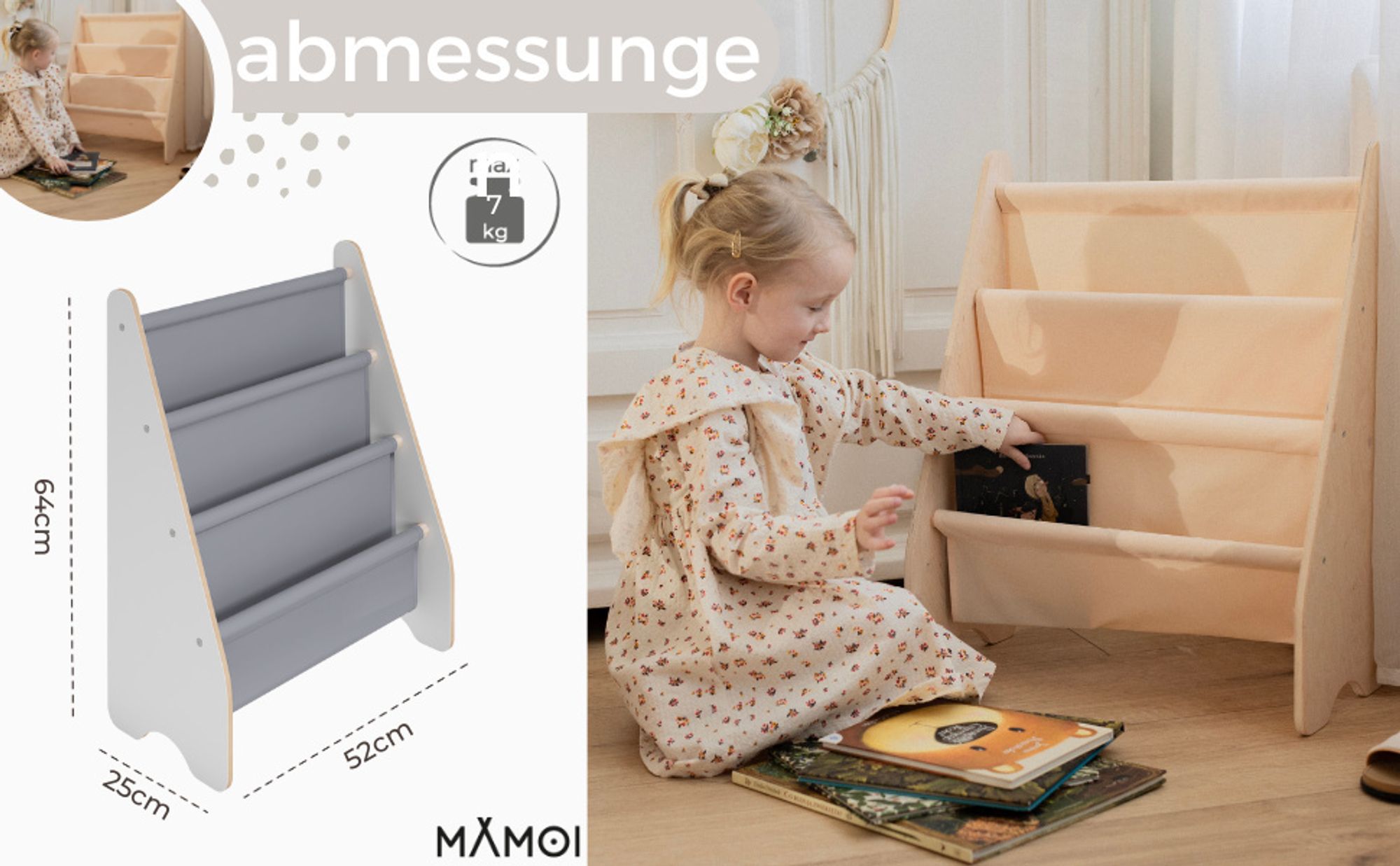 MAMOI® Bücherregal für kinder, Bücherkiste für kinderzimmer, Book shelf, Buchregal, Wandregal kinderregal, Kinderbücherregal, Bücherbank aus holz für Kleinkind, Kindermöbel für kleines kind