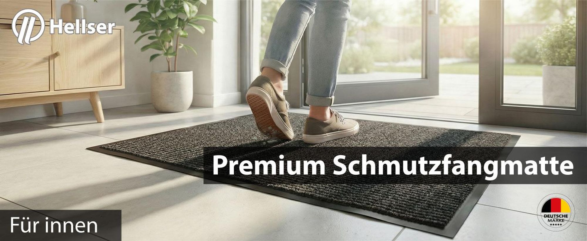 HELLSER Fußmatte – Schmutzfangmatte für außen & innen, rutschfest & flach (60 × 90 cm) Schwarz-Grau