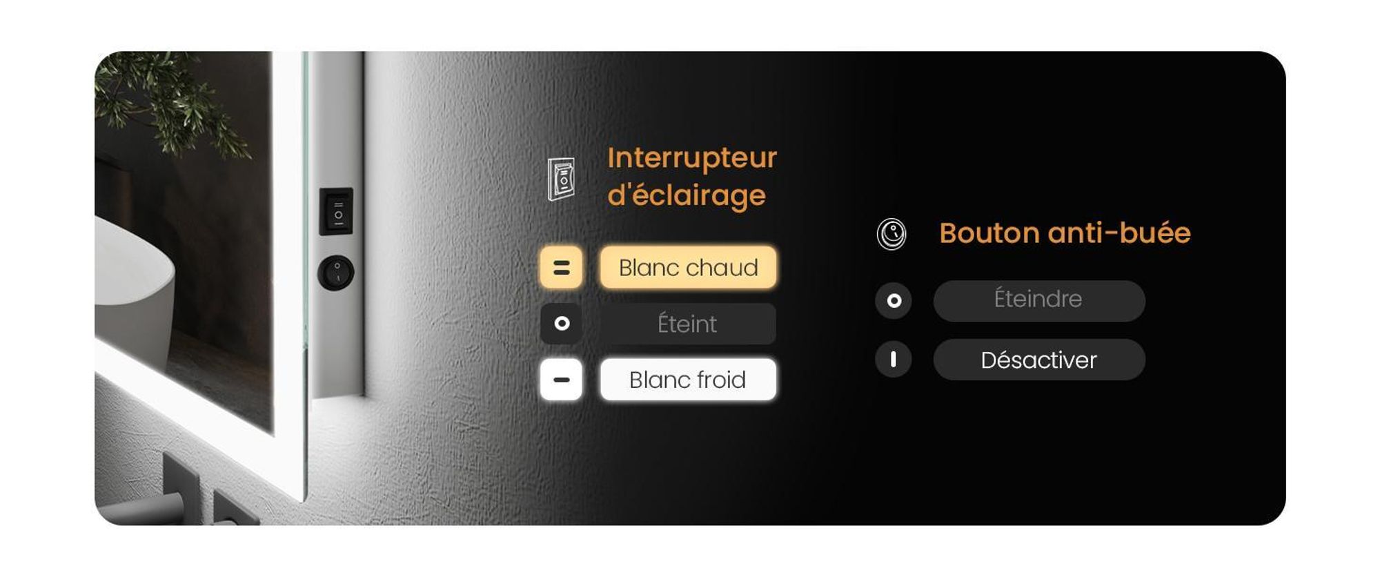 Miroir de salle de bain LED EMKE 60 x 80 cm avec éclairage et anti-buée, miroir mural avec interrupteur mécanique Miroir de salle de bain 3000 K/6500 K Couleurs de lumière