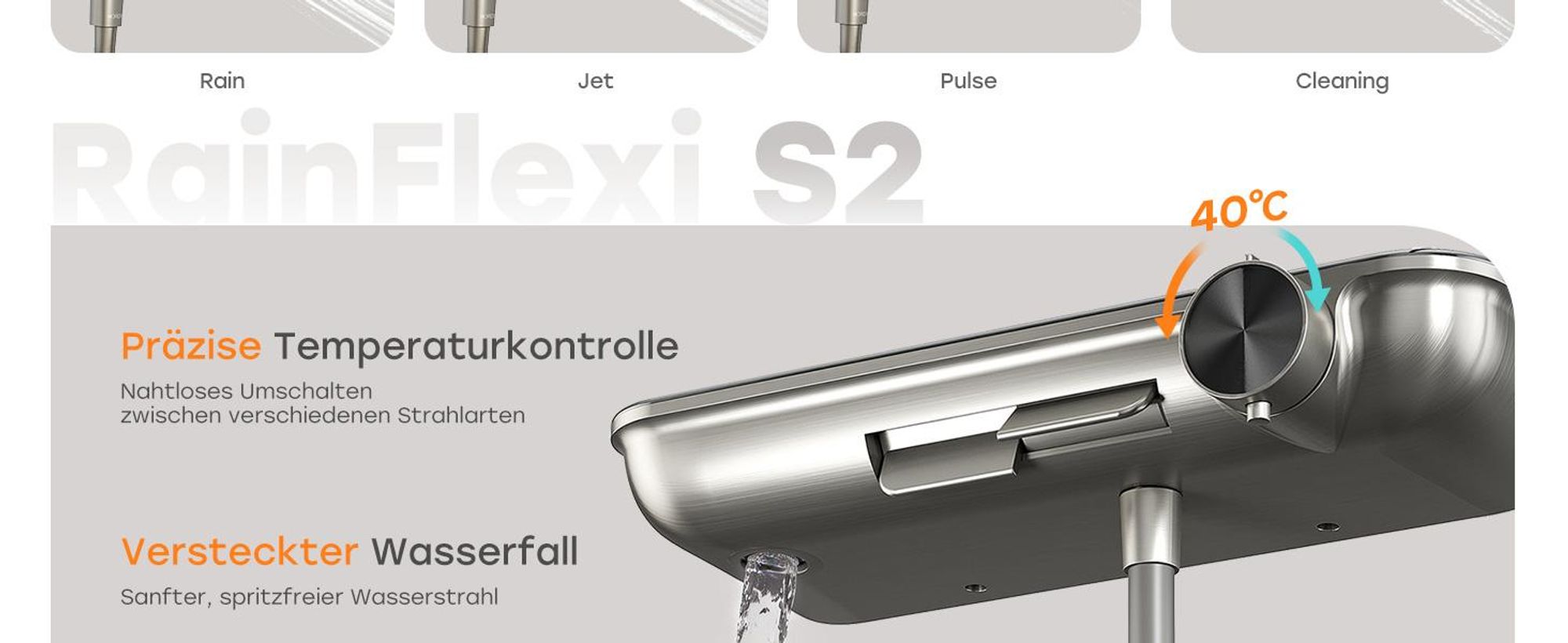 HOROW Regendusche Set mit Thermostatarmatur, Grau Duschset Duschsystem mit 4 Massage-Modi, Klappbares Duschset, Höhenverstellbar, für Badewannen