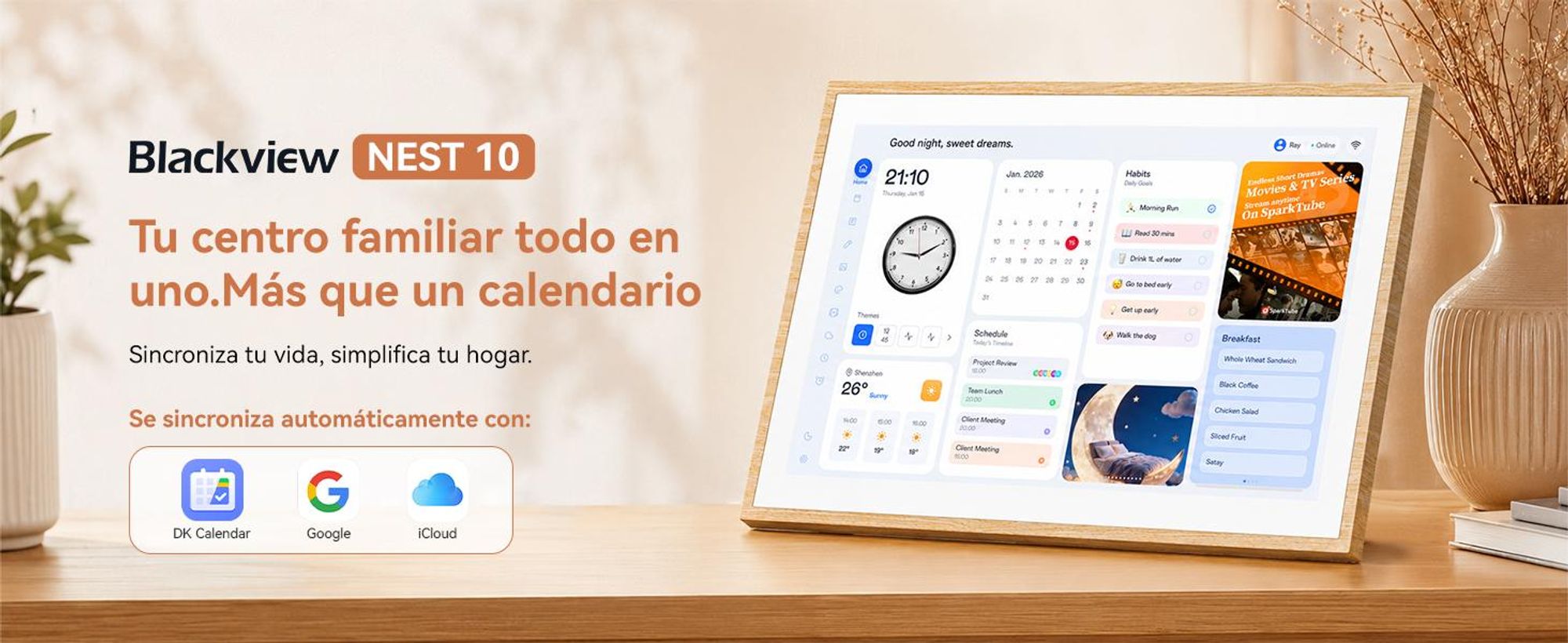 Blackview NEST 10, calendario digital y marco de fotos de 10,1 pulgadas con pantalla táctil, conexión WIFI, resolución de 1280x800, formato 16:10, función de compartir fotos, control parental y diseño de madera