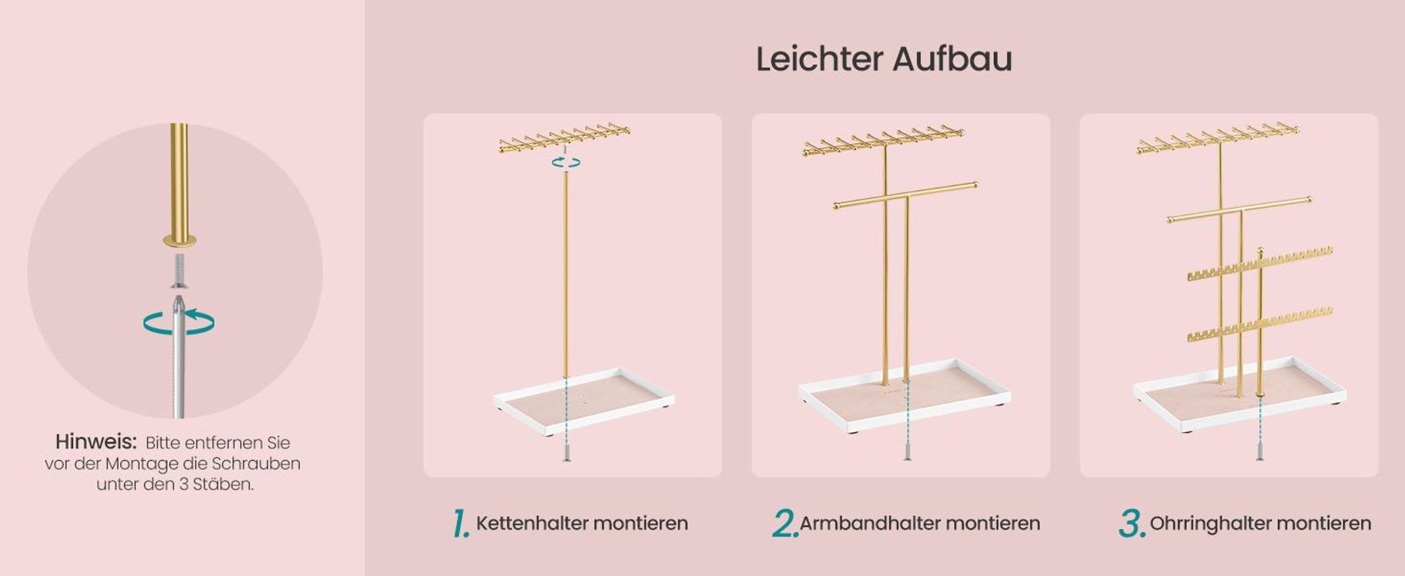 SONGMICS Schmuckständer, Schmuckhalter, Metallrahmen, Schmucktablett Samt, Schmuckaufbewahrung für Halsketten Armbänder Ohrringe Ohrstecker Ringe