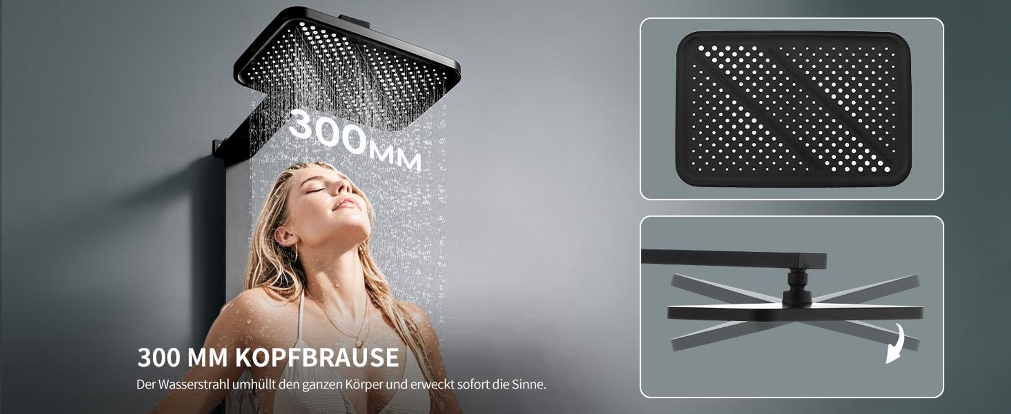 Homelody Duschsystem mit Thermostat und Glasablage in Schwarz Matt,Brausegarnitur 3 Strahlart(en), 12 Zoll Regendusche, 3-Funktions-Handbrause