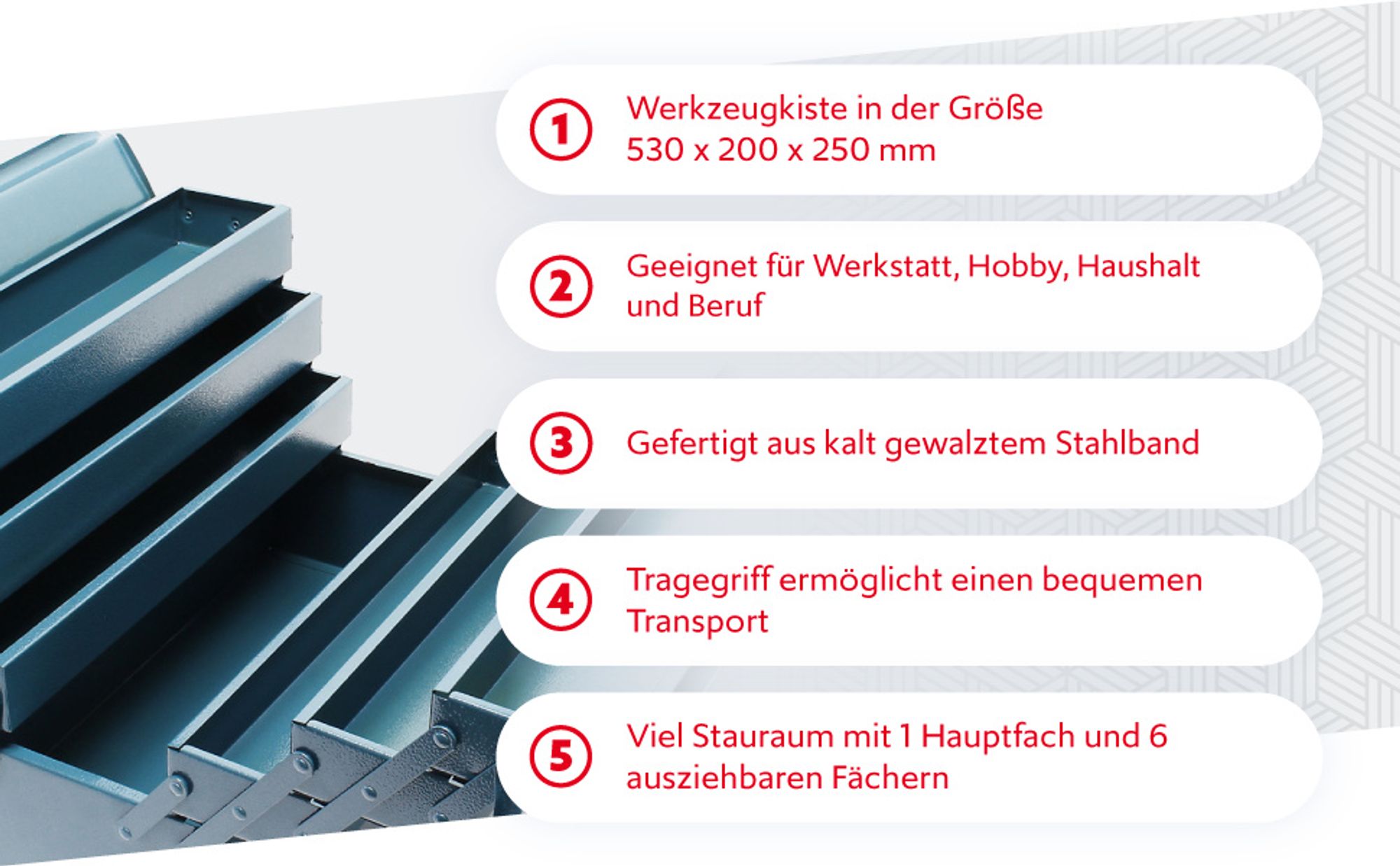 Wiltec Werkzeugkiste 530x200x250mm aus Stahl mit 7 Fächern, beständiger Werkzeugkasten mit Handgriff, Werkzeugbox