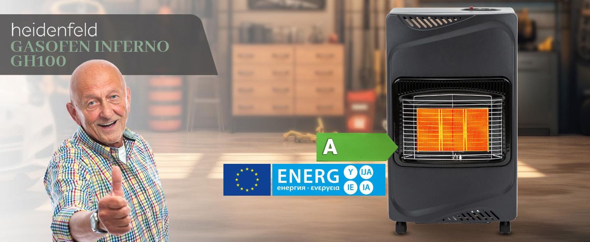 Heidenfeld Gasofen Inferno GH100 | 1400-4200 Watt - Heizstrahler - Transportrollen - 3 Heizstufen - Kippsensor - ODS-System - Piezo-Zündung