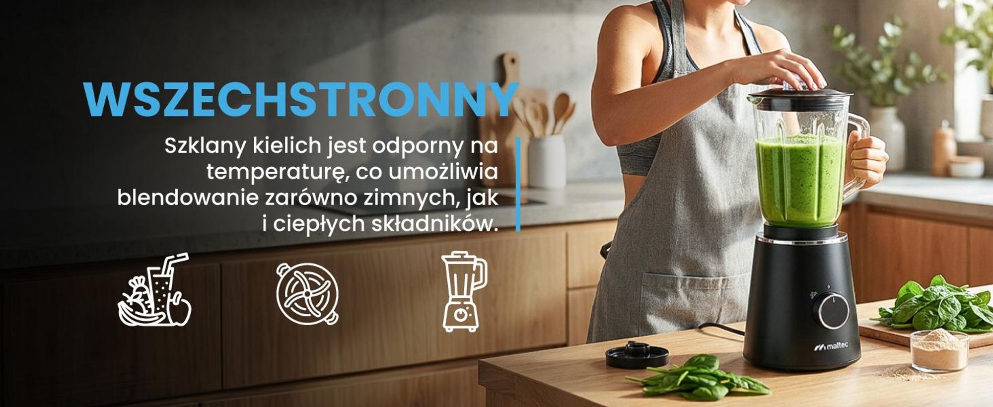 Blender stojący MalTec z dzbankiem o pojemności 1,5 l i butelką na wynos o pojemności 500 ml, moc 1000 W, 6 ostrzy ze stali nierdzewnej, 2 prędkości i funkcja pulsacyjna, antypoślizgowe nóżki – do przygotowywania koktajli i zup