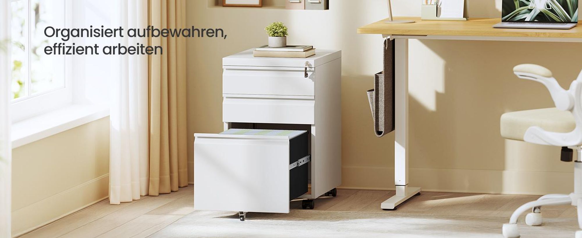SONGMICS Büroschrank aus Stahl mit 3 Schubladen, abschließbarer Rollcontainer, für Homeoffice, Druckerständer, weiß